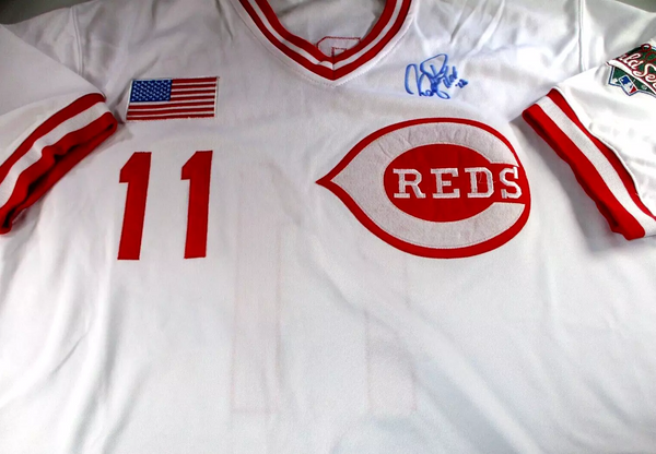 Barry Larkin / Autographed Cincinnati Reds M&N 1990 World Series Jersey / JSA