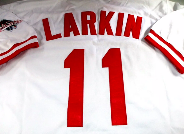 Barry Larkin / Autographed Cincinnati Reds M&N 1990 World Series Jersey / JSA